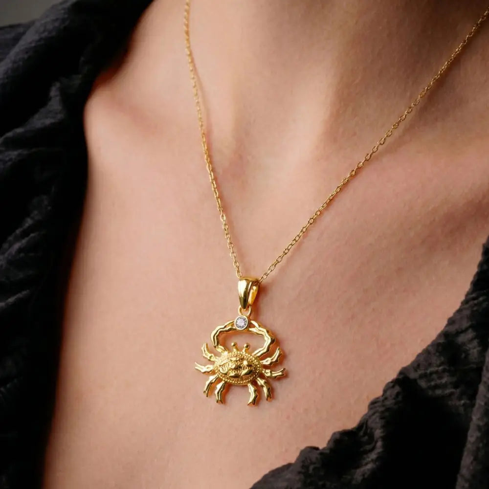 14K Solid Gold Crab Necklace Single CZ Stone Pendant Cancer Zodiac Charm Dainty Ocean Jewelry Birthday Gift for Her