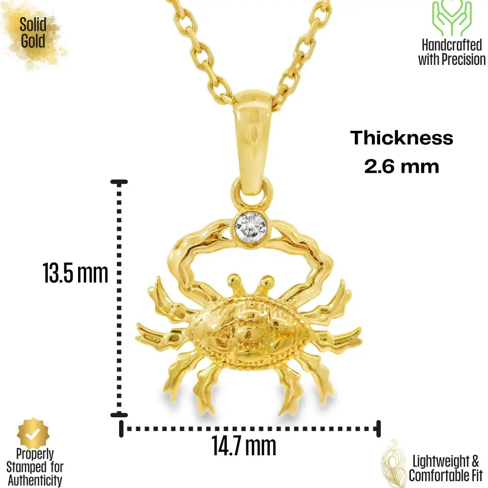 14K Solid Gold Crab Necklace Single CZ Stone Pendant Cancer Zodiac Charm Dainty Ocean Jewelry Birthday Gift for Her