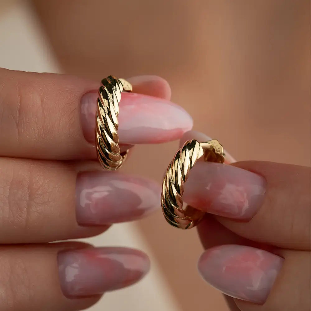 14K Solid Gold Croissant Dome Huggie Earrings | Chunky Ribbed Twist Hoops for Women - Hoop Earrings