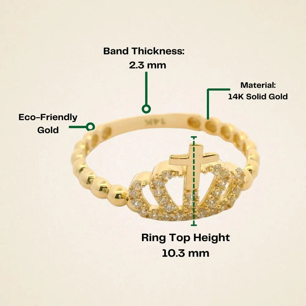 14K Solid Gold Cross Crown Ring – Simulated Diamond Queen Band Stackable Princess Jewelry
