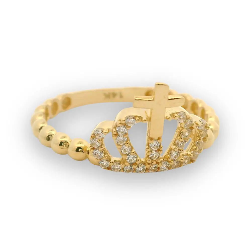 14K Solid Gold Cross Crown Ring – Simulated Diamond Queen Band Stackable Princess Jewelry