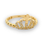 14K Solid Gold Cross Crown Ring – Simulated Diamond Queen Band Stackable Princess Jewelry
