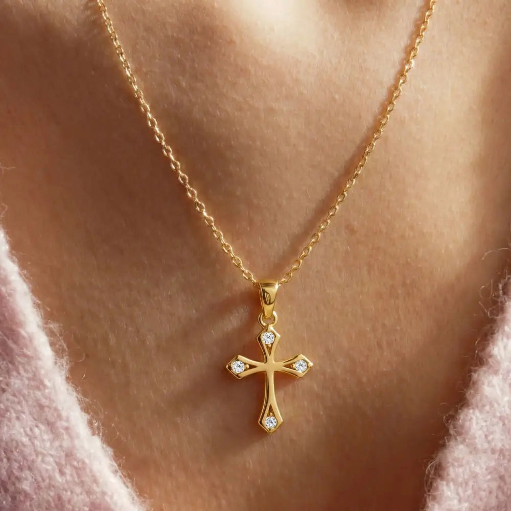 14K Solid Gold Cross Necklace Elegant CZ Stone Accent Christian Pendant Dainty Religious Jewelry Baptism Gift for Her