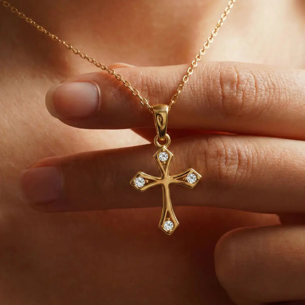 14K Solid Gold Cross Necklace Elegant CZ Stone Accent Christian Pendant Dainty Religious Jewelry Baptism Gift for Her