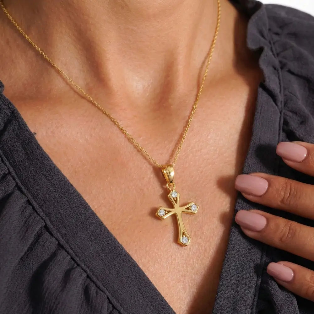 14K Solid Gold Cross Necklace Elegant CZ Stone Accent Christian Pendant Dainty Religious Jewelry Baptism Gift for Her