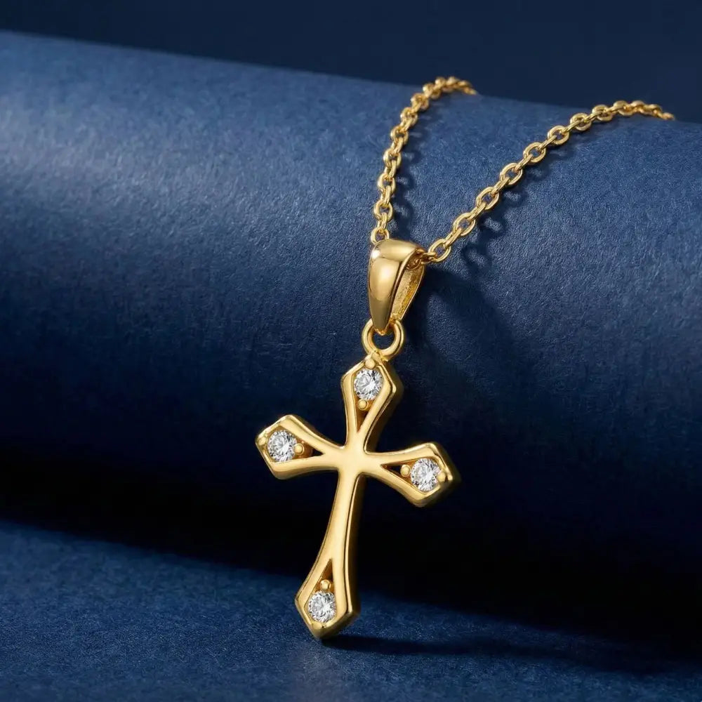 14K Solid Gold Cross Necklace Elegant CZ Stone Accent Christian Pendant Dainty Religious Jewelry Baptism Gift for Her