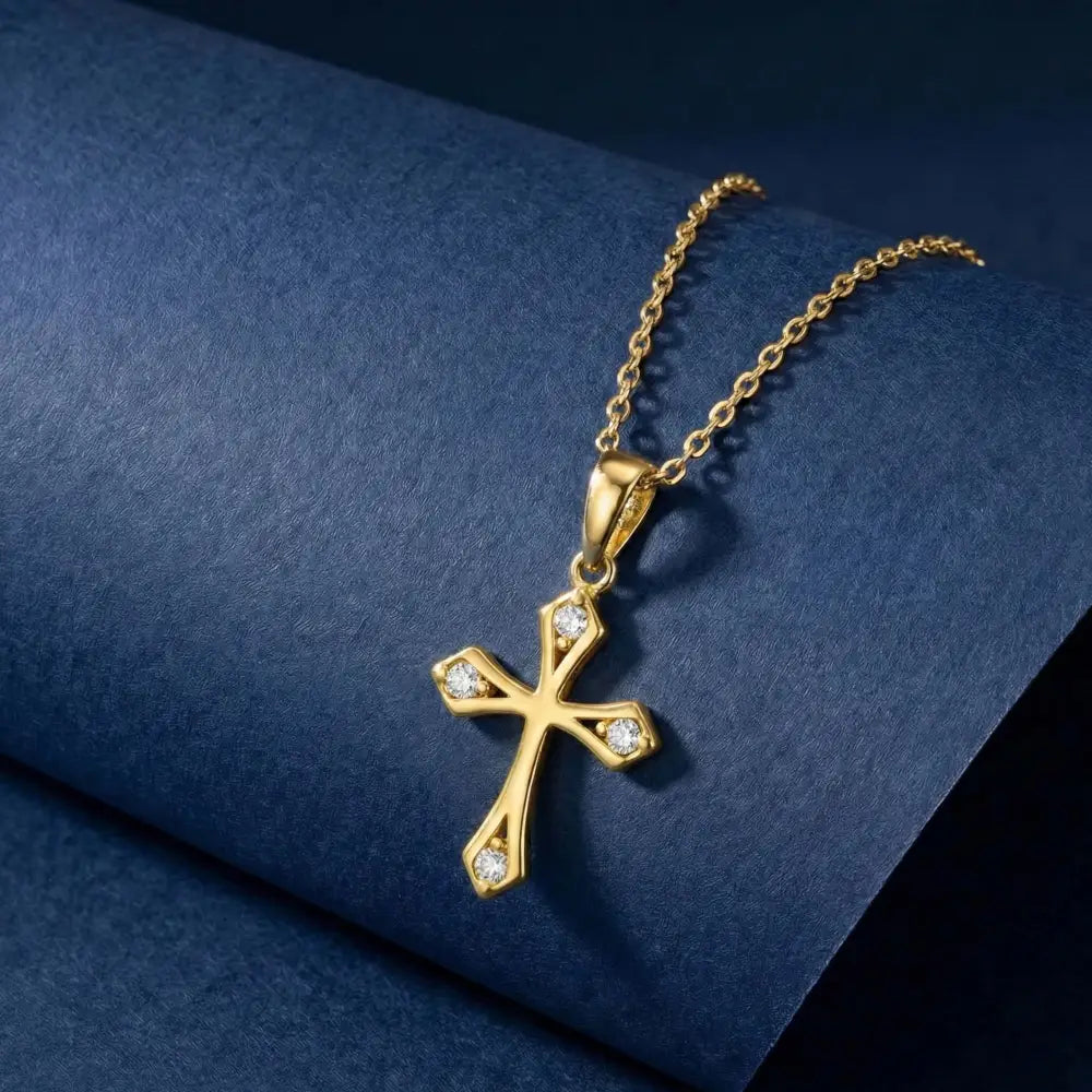 14K Solid Gold Cross Necklace Elegant CZ Stone Accent Christian Pendant Dainty Religious Jewelry Baptism Gift for Her