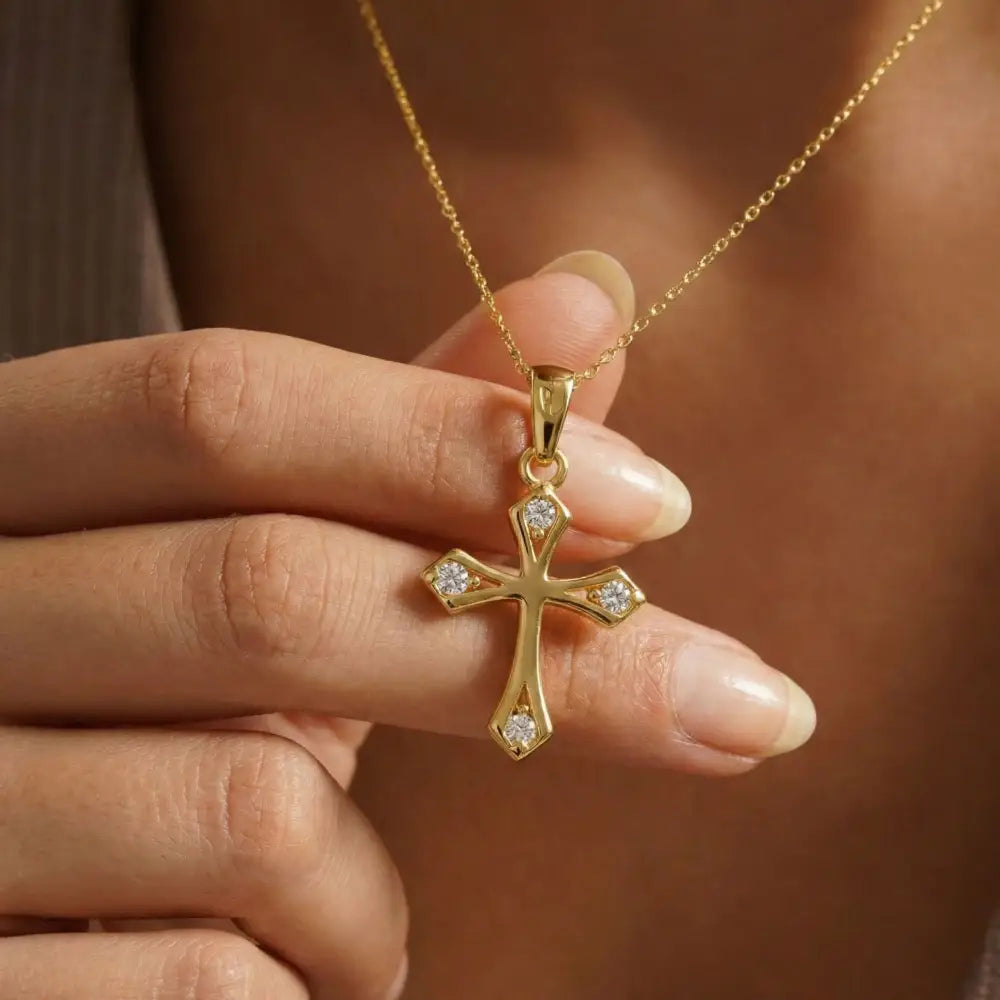 14K Solid Gold Cross Necklace Elegant CZ Stone Accent Christian Pendant Dainty Religious Jewelry Baptism Gift for Her