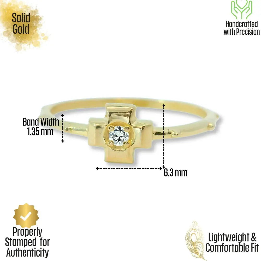 14K Solid Gold Cross Ring with Simulated Diamond – Christian Faith Jewelry Religious
