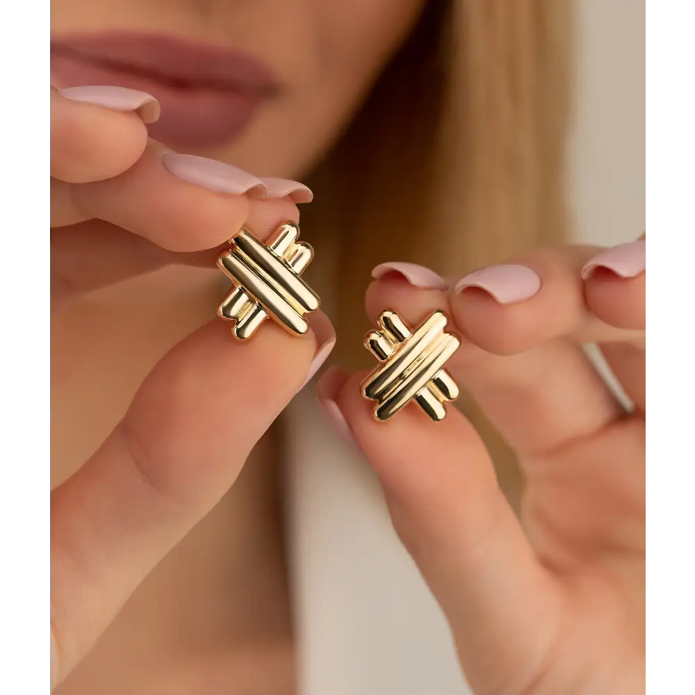 14K Solid Gold Crossover Omega Back Post Earrings - Earrings