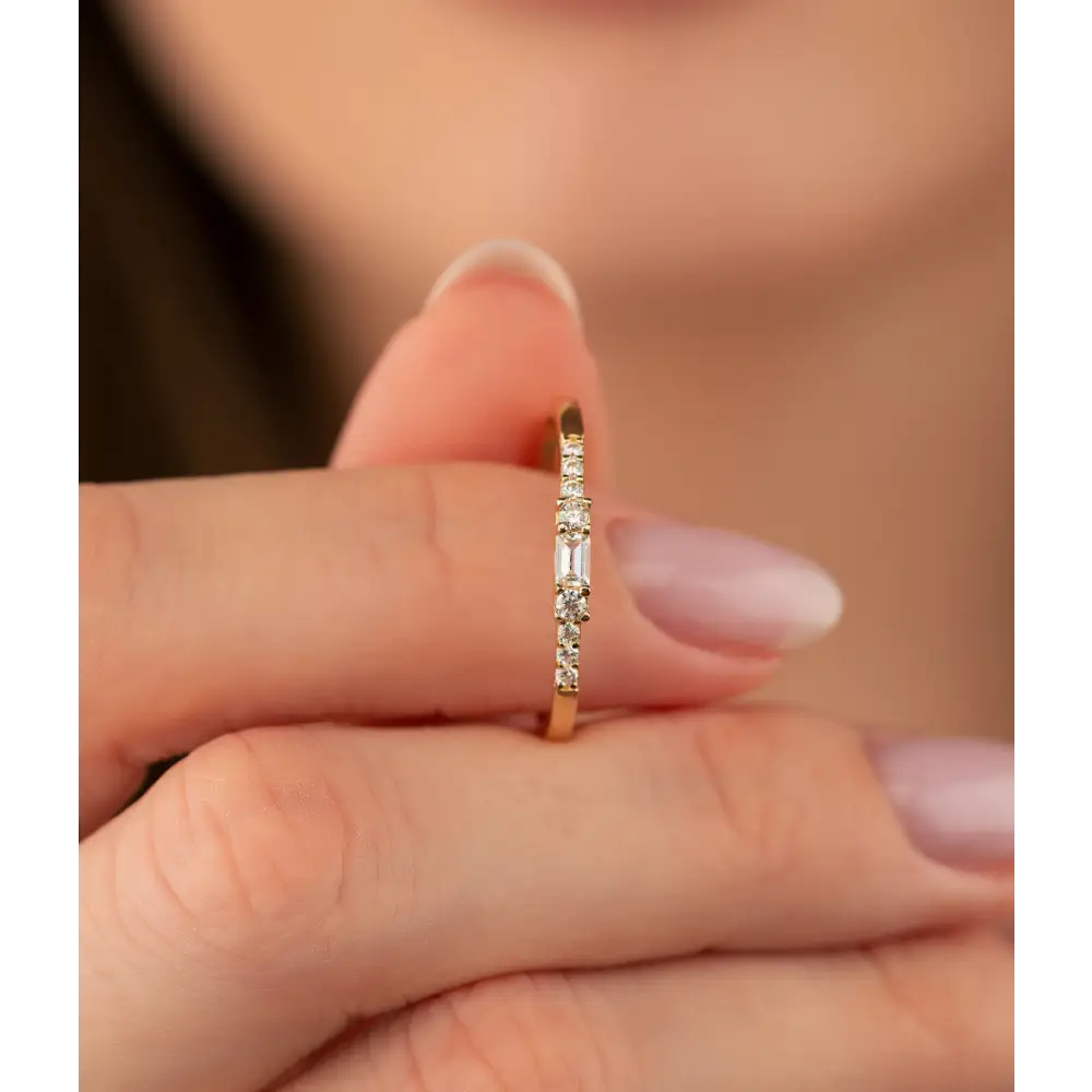 14K Solid Gold CZ Initial Baguette Ring - Rings