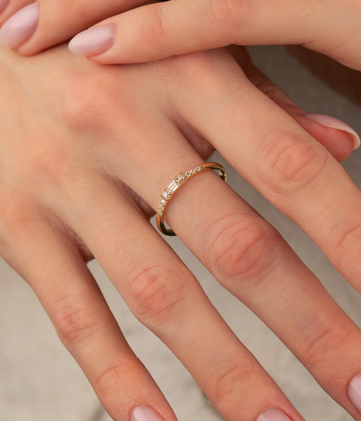 14K Solid Gold CZ Initial Baguette Ring - Rings