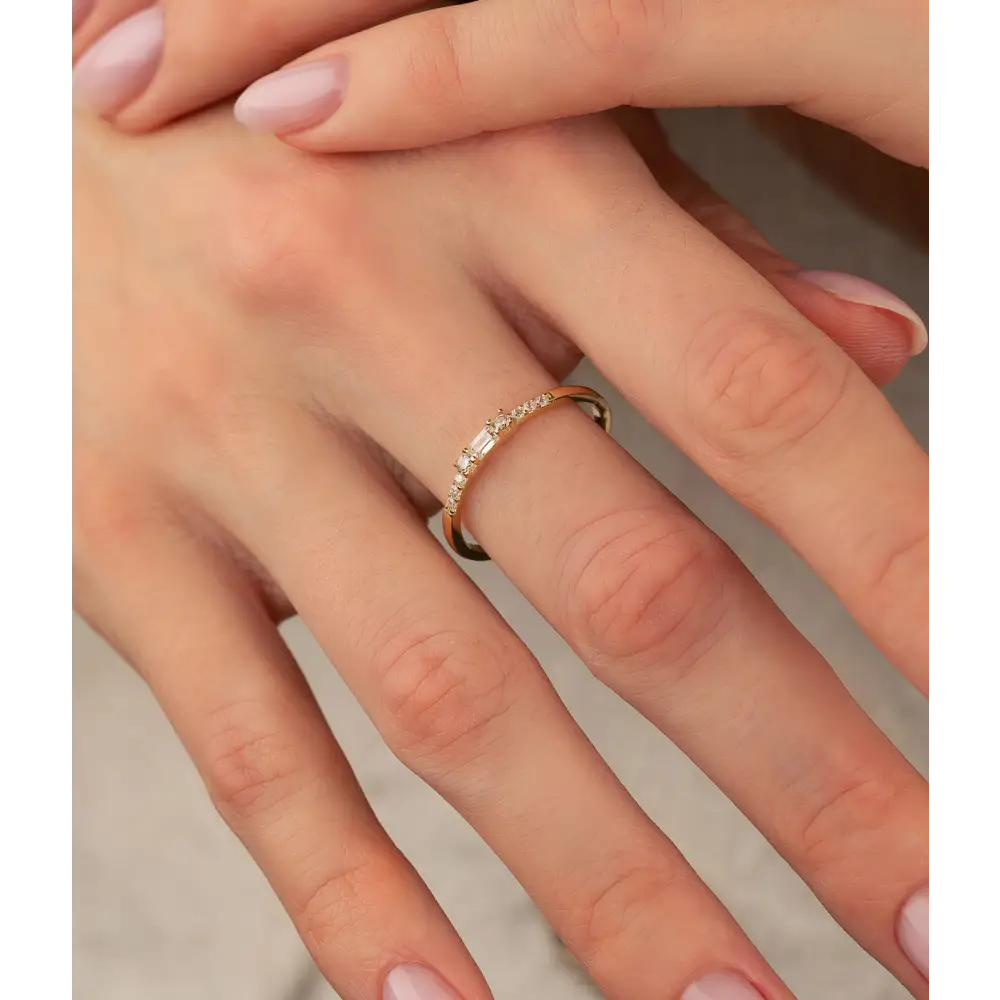 14K Solid Gold CZ Initial Baguette Ring - Rings