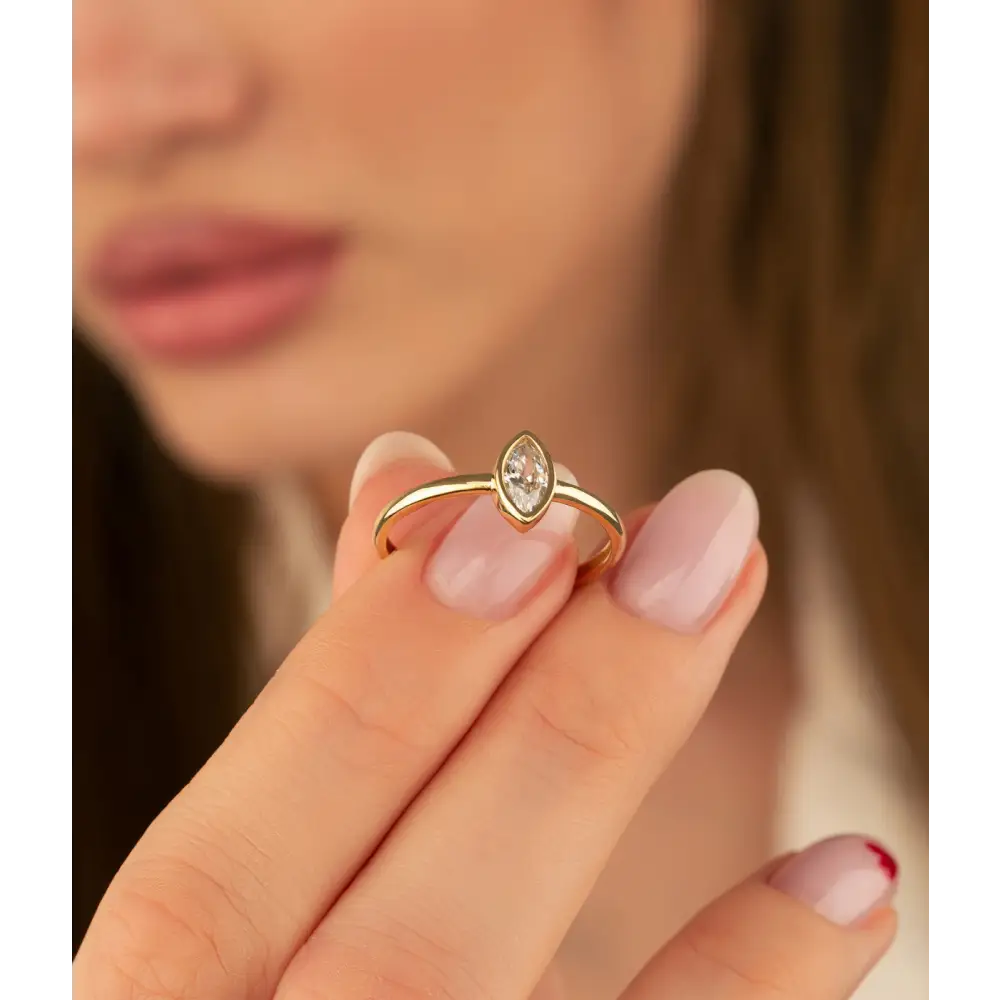 14K Solid Gold CZ Marquise Cut Solitaire Ring - Rings