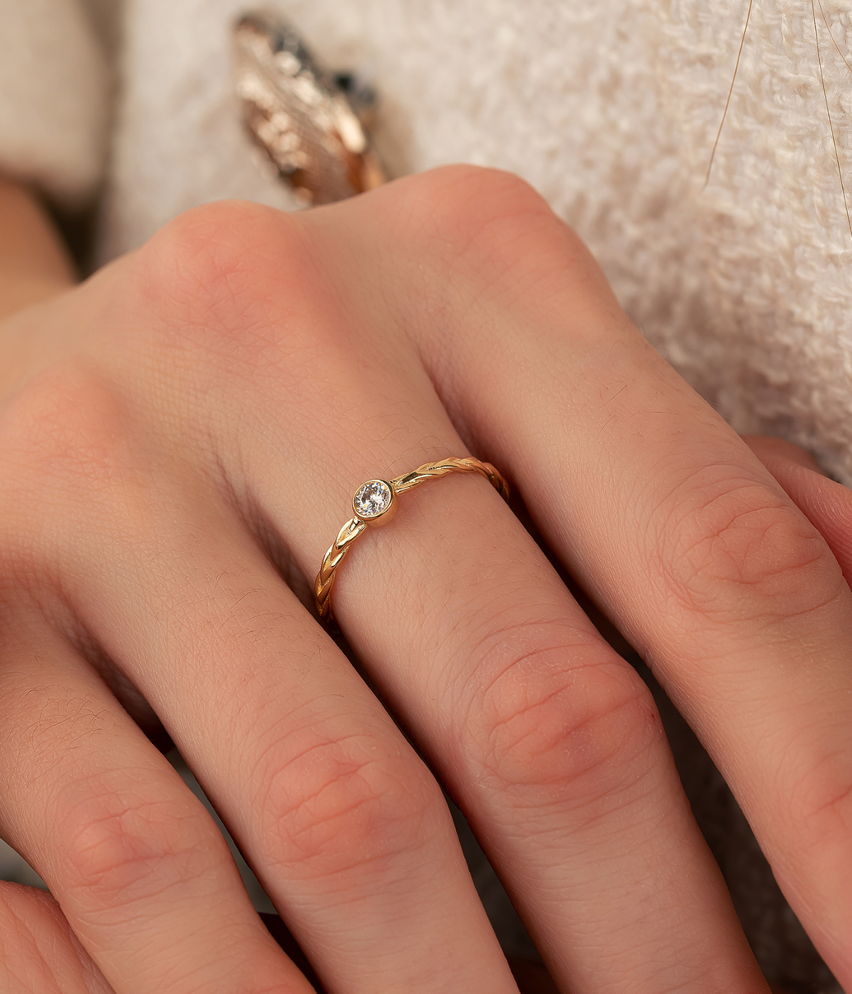 14K Solid Gold CZ Single Stone Braided Ring - Rings