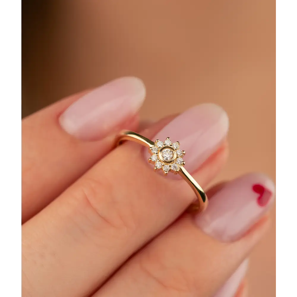 14K Solid Gold Dainty Flower CZ Ring - Rings