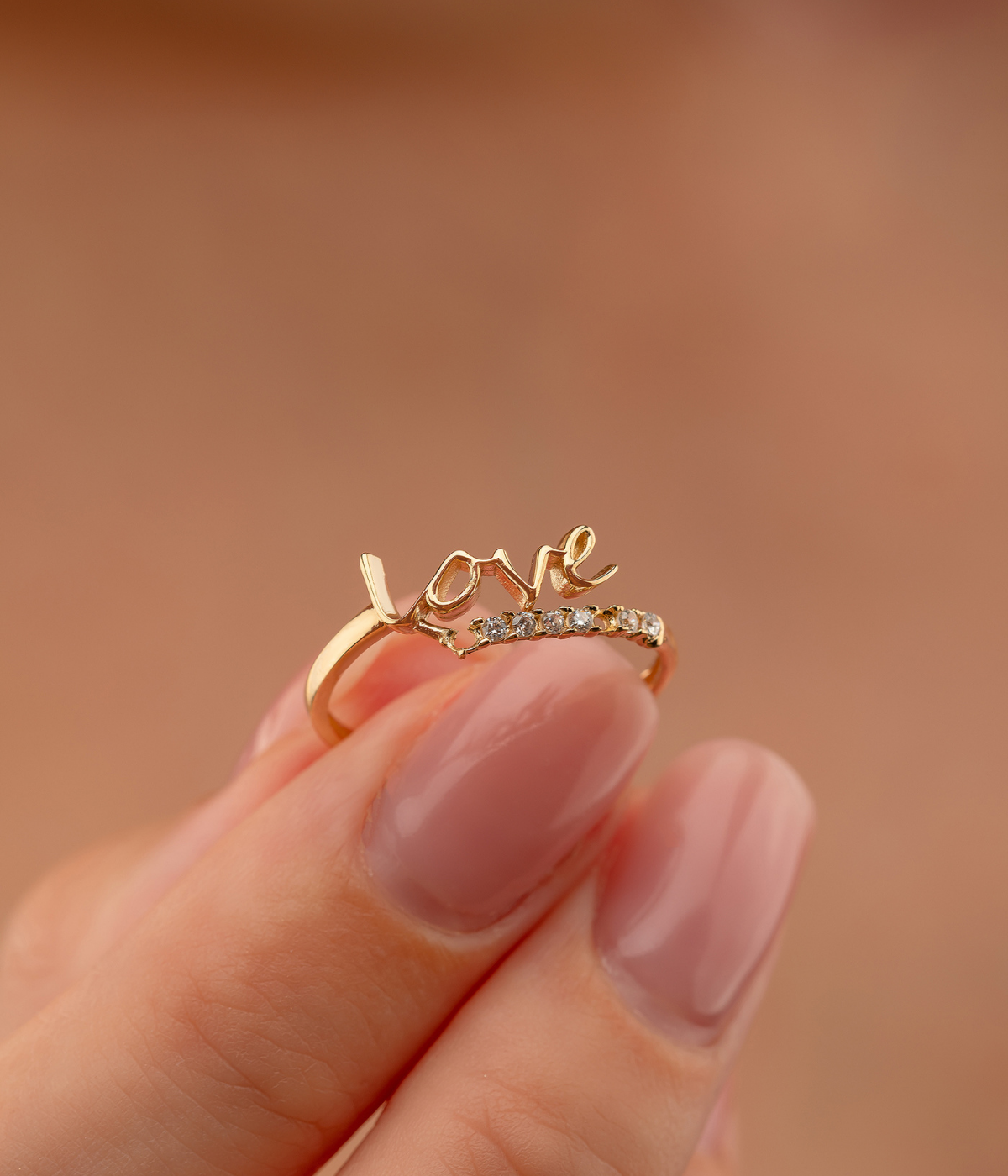 14K Solid Gold Dainty Love Script Ring - Rings