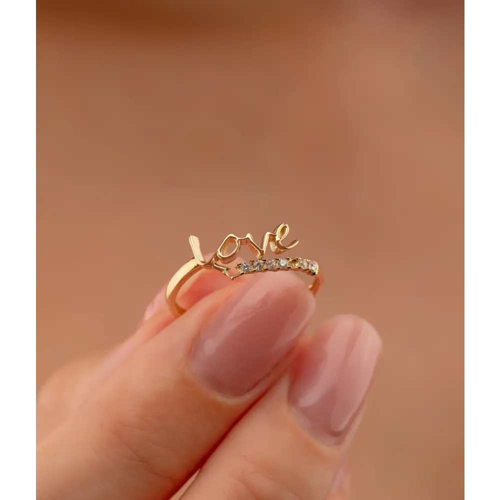 14K Solid Gold Dainty Love Script Ring - Rings