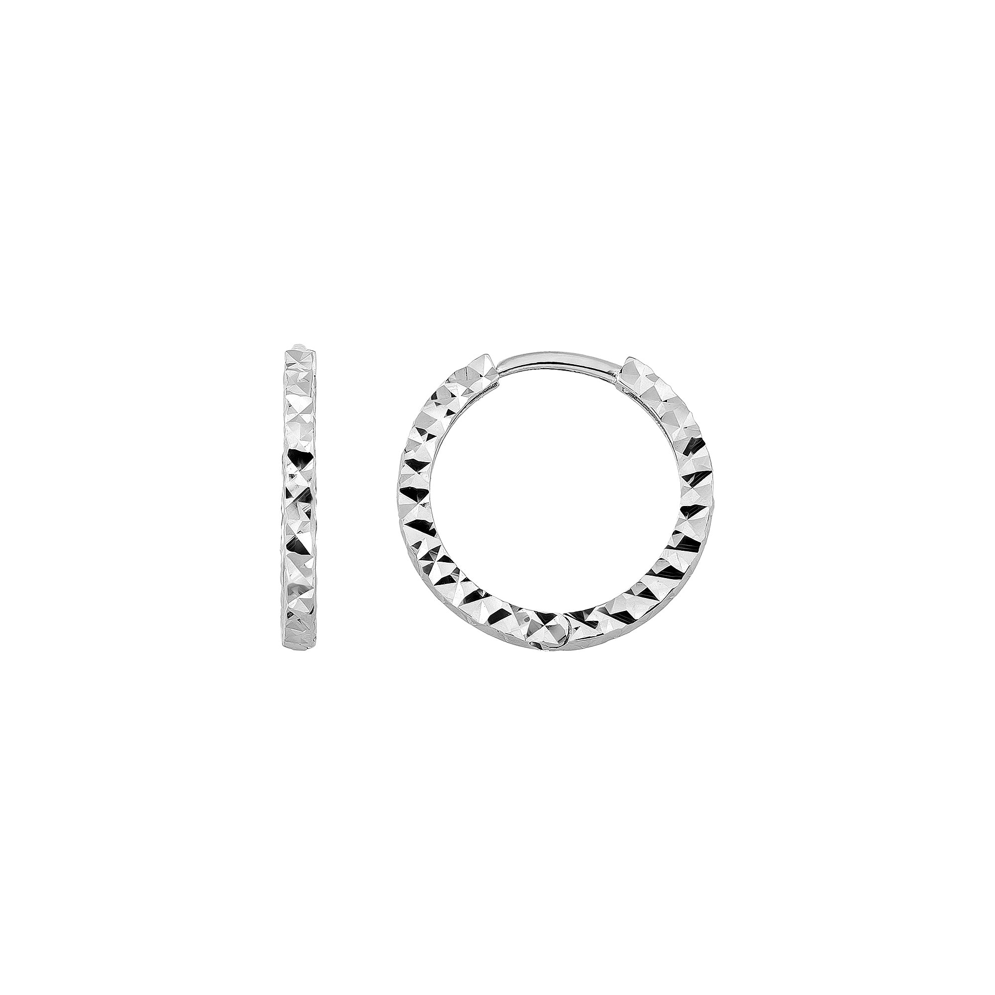 14K Solid Gold Diamond-Cut Huggie Hoop Earrings | 10.8mm & 13.5mm Hoops for Women - Single Small / 14K White Gold