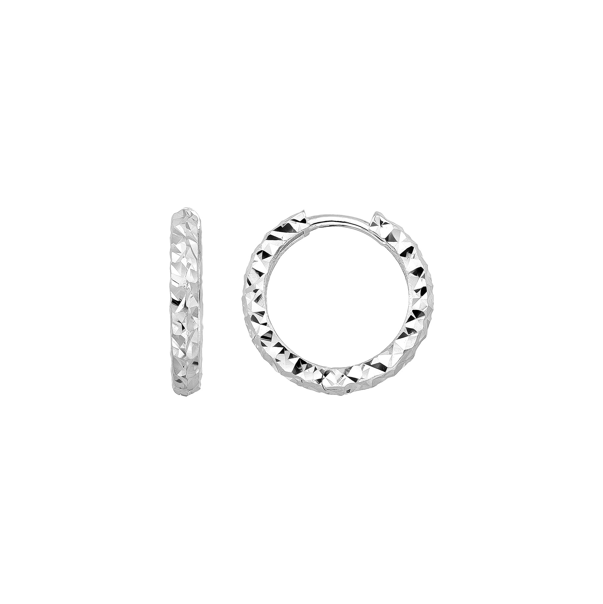 14K Solid Gold Diamond-Cut Huggie Hoop Earrings | 10mm & 12mm Statement Hoops for Women - Single Small / 14K White Gold