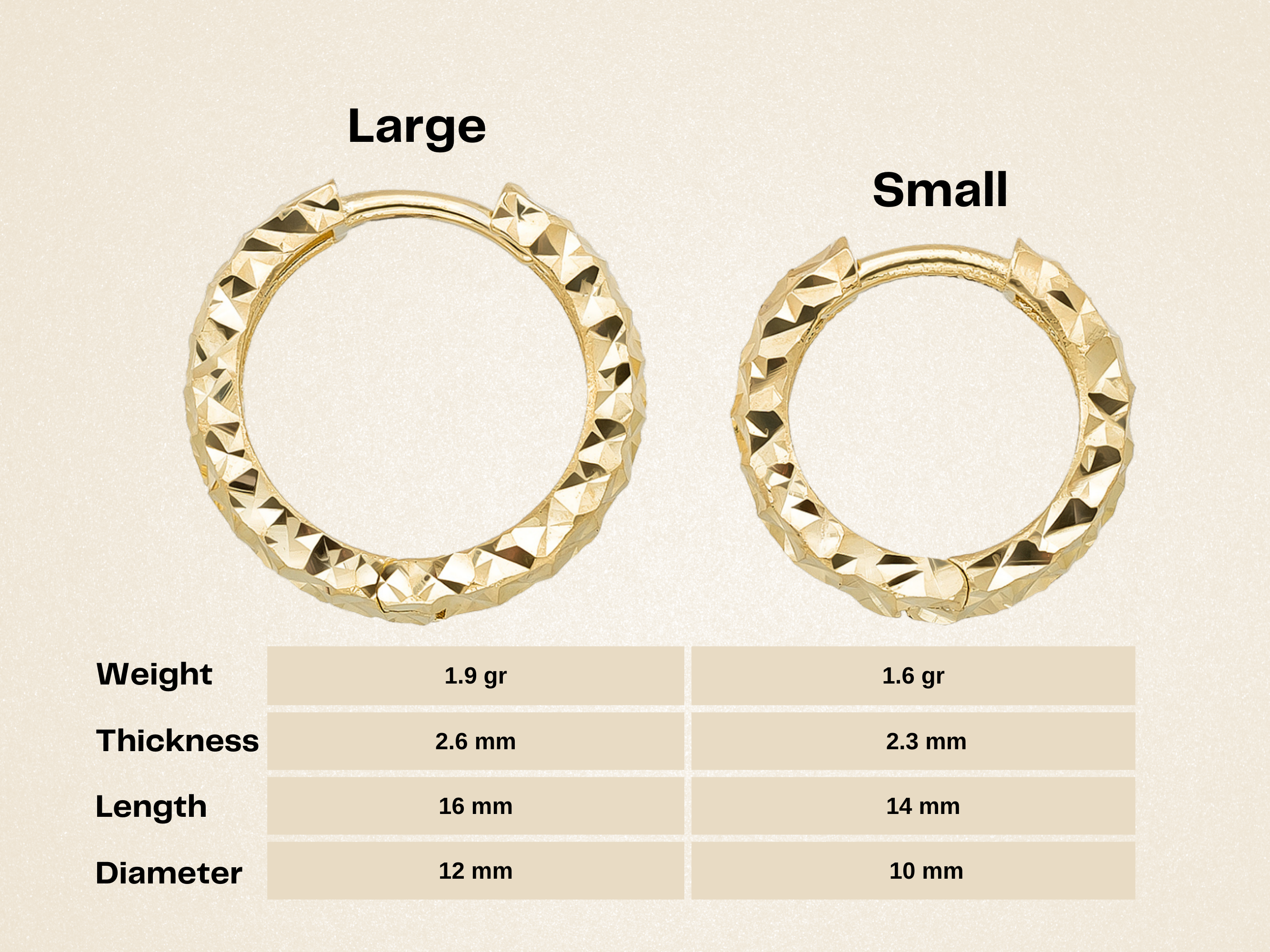 14K Solid Gold Diamond-Cut Huggie Hoop Earrings | 10mm & 12mm Statement Hoops for Women - Hoop Earrings