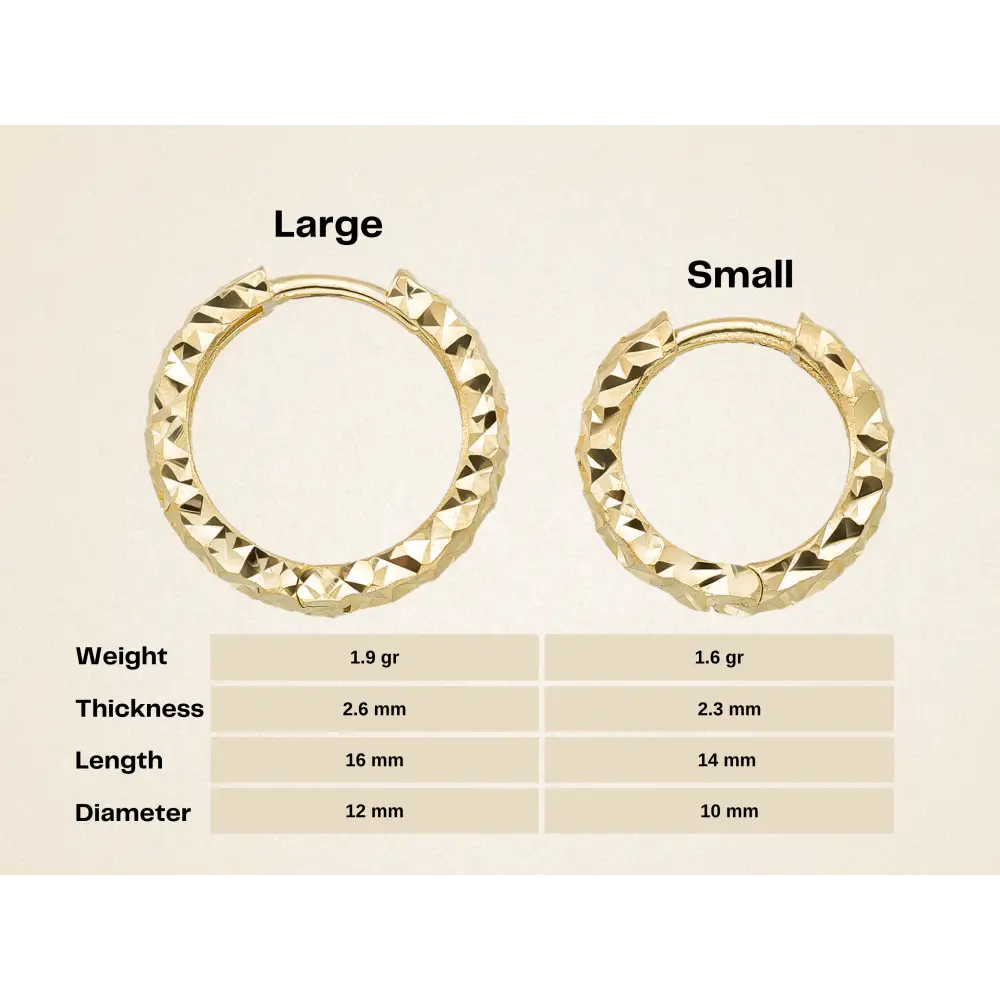 14K Solid Gold Diamond-Cut Huggie Hoop Earrings | 10mm & 12mm Statement Hoops for Women - Hoop Earrings