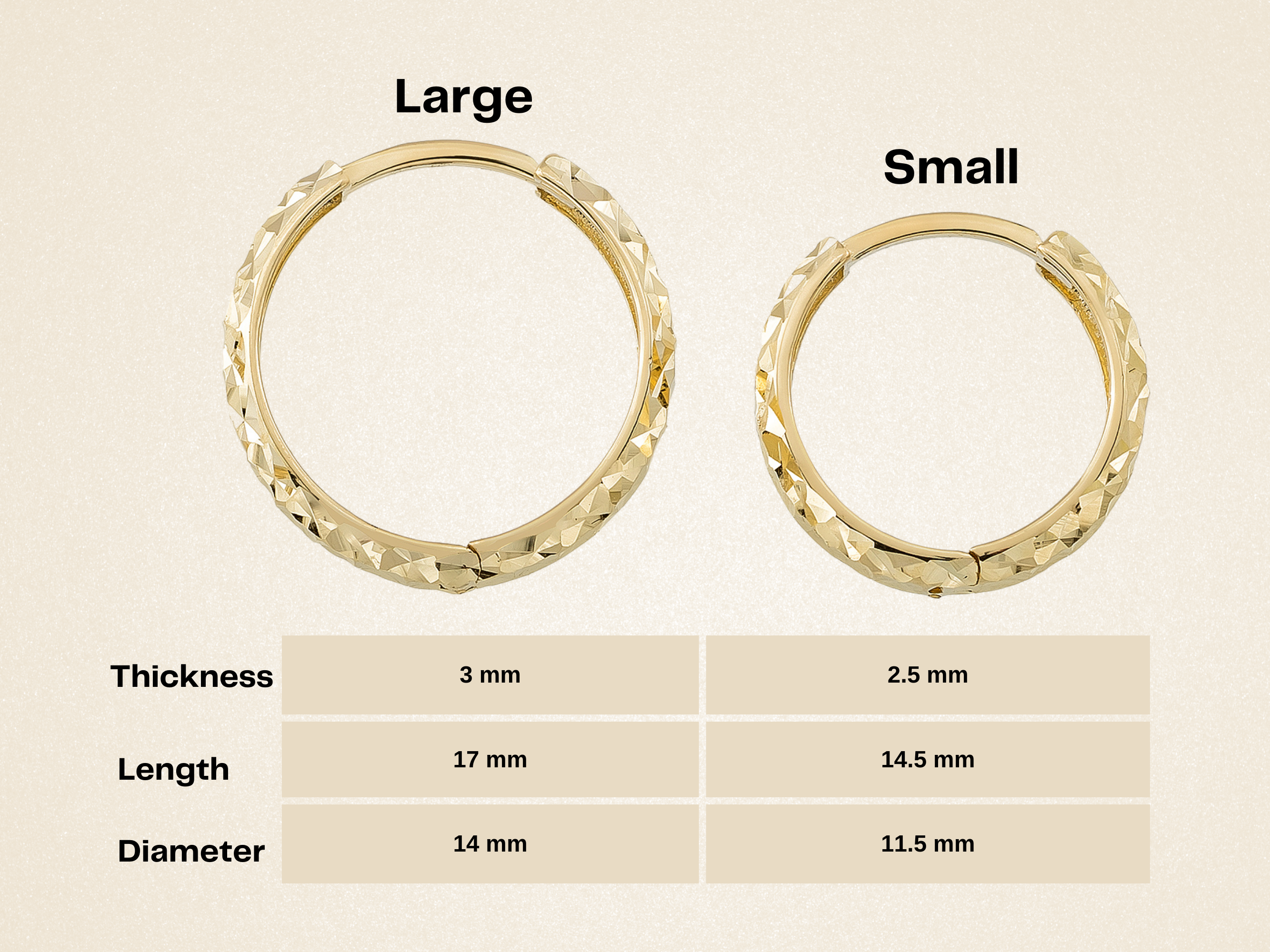 14K Solid Gold Diamond-Cut Huggie Hoop Earrings | 11.5mm & 14mm Everyday Hoops for Women - Hoop Earrings