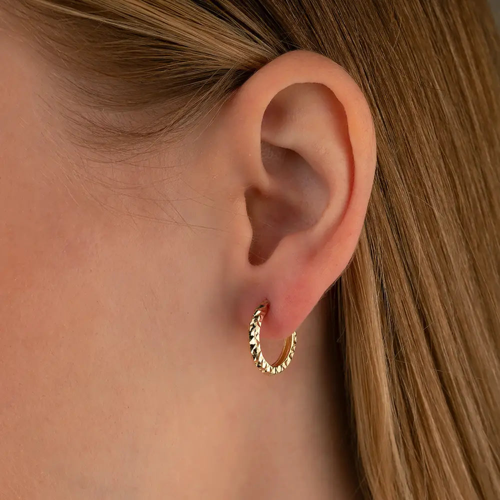 14K Solid Gold Diamond-Cut Huggie Hoop Earrings | 11.5mm & 14mm Everyday Hoops for Women - Hoop Earrings