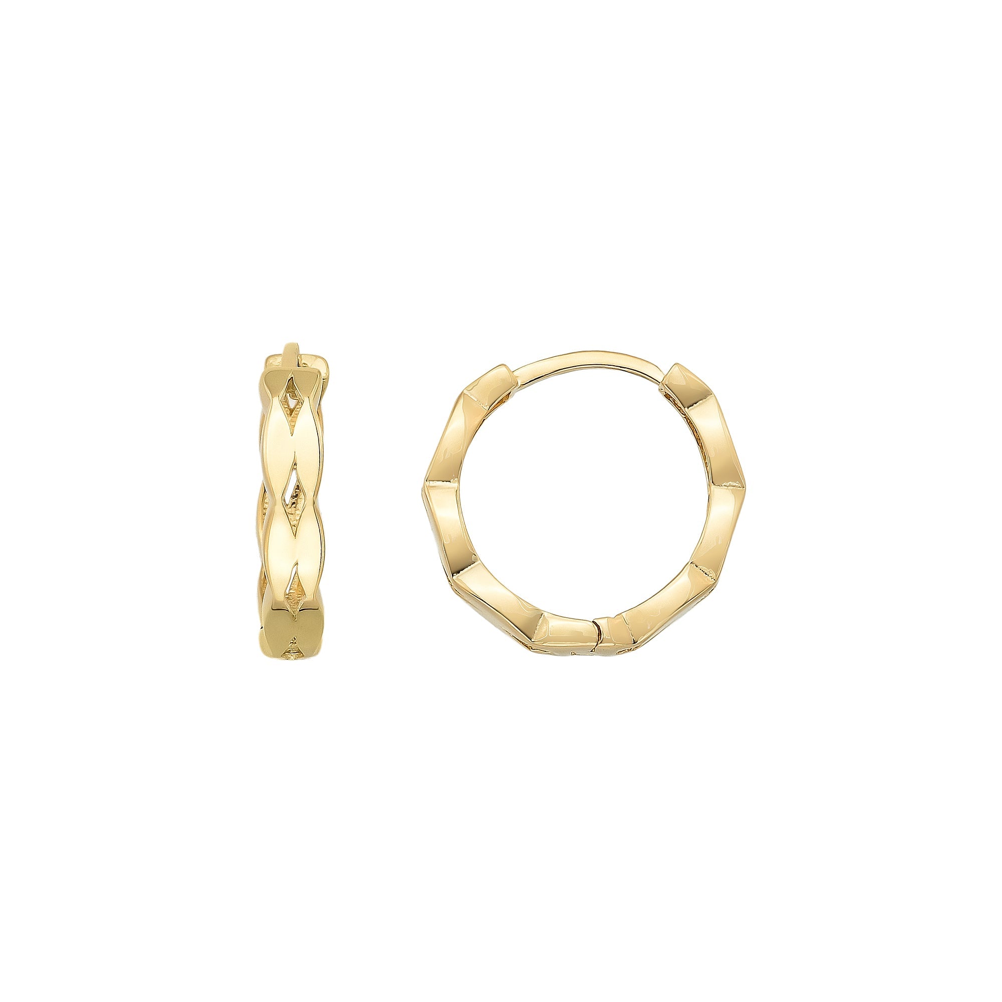 14K Solid Gold Diamond-Cut Huggie Hoop Earrings | 15mm Fancy Everyday Hoops for Women - Hoop Earrings