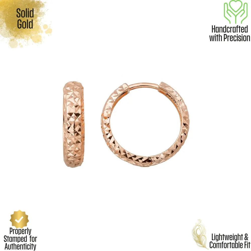 14K Solid Gold Diamond-Cut Huggie Hoop Earrings | 16mm Everyday Hoops for Women 4.5mm Wide - Hoop Earrings