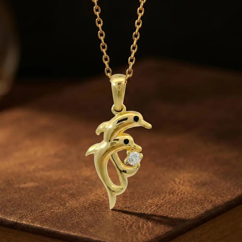 14K Solid Gold Dolphin Necklace With Cz Stone Handmade Jewelry Ideal Gift For Women - Jewelry
