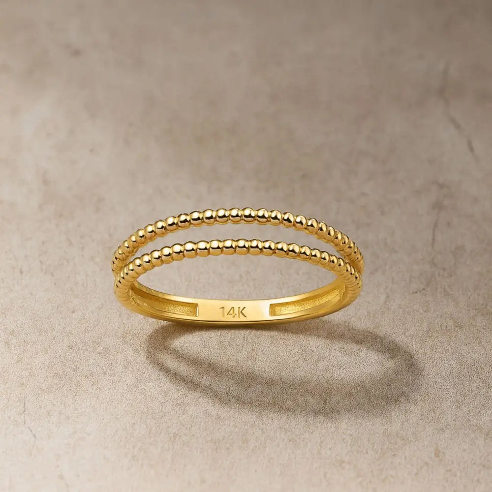 14K Solid Gold Double Beaded Wedding Band Minimalist Ring