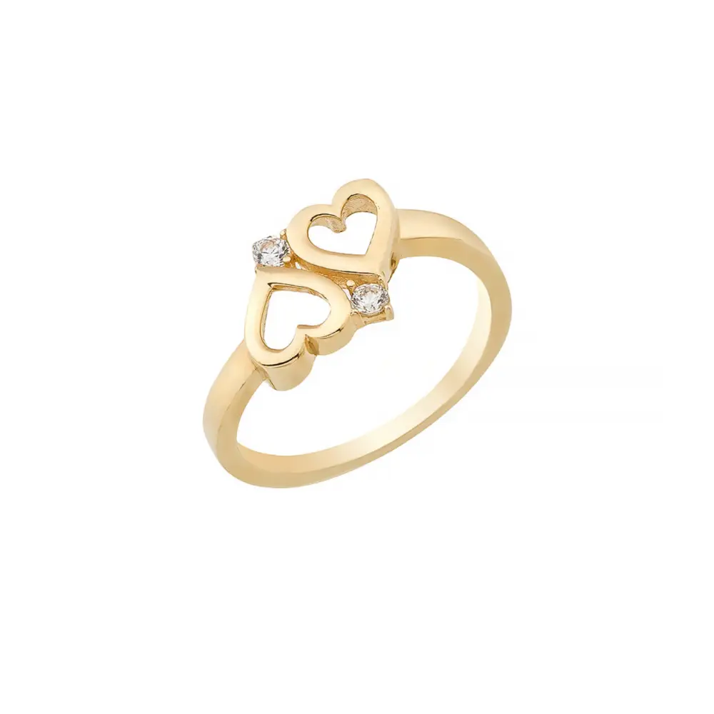 14K Solid Gold Double Heart CZ Ring - Rings