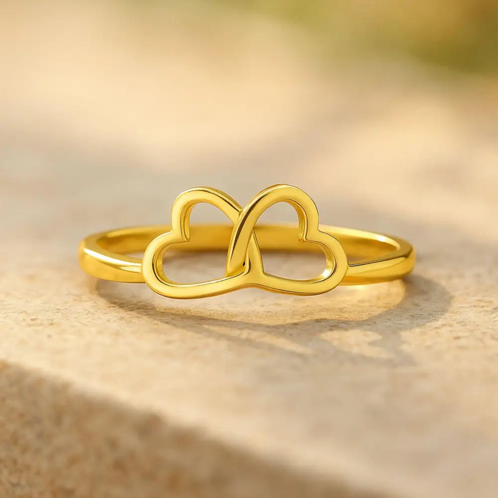 14K Solid Gold Double Heart Ring Dainty Love Band