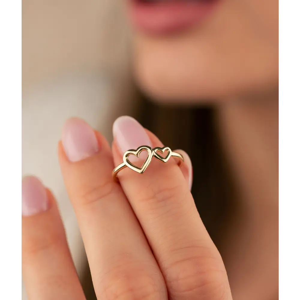14K Solid Gold Double Heart Ring Present - Rings