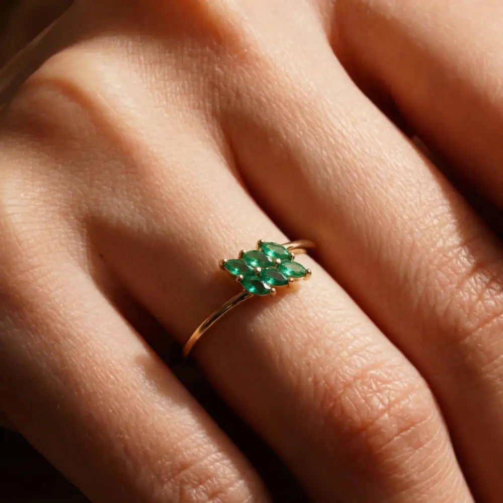 14K Solid Gold Emerald Ring Handmade Elegant Marquise Cut Green Stones for Women