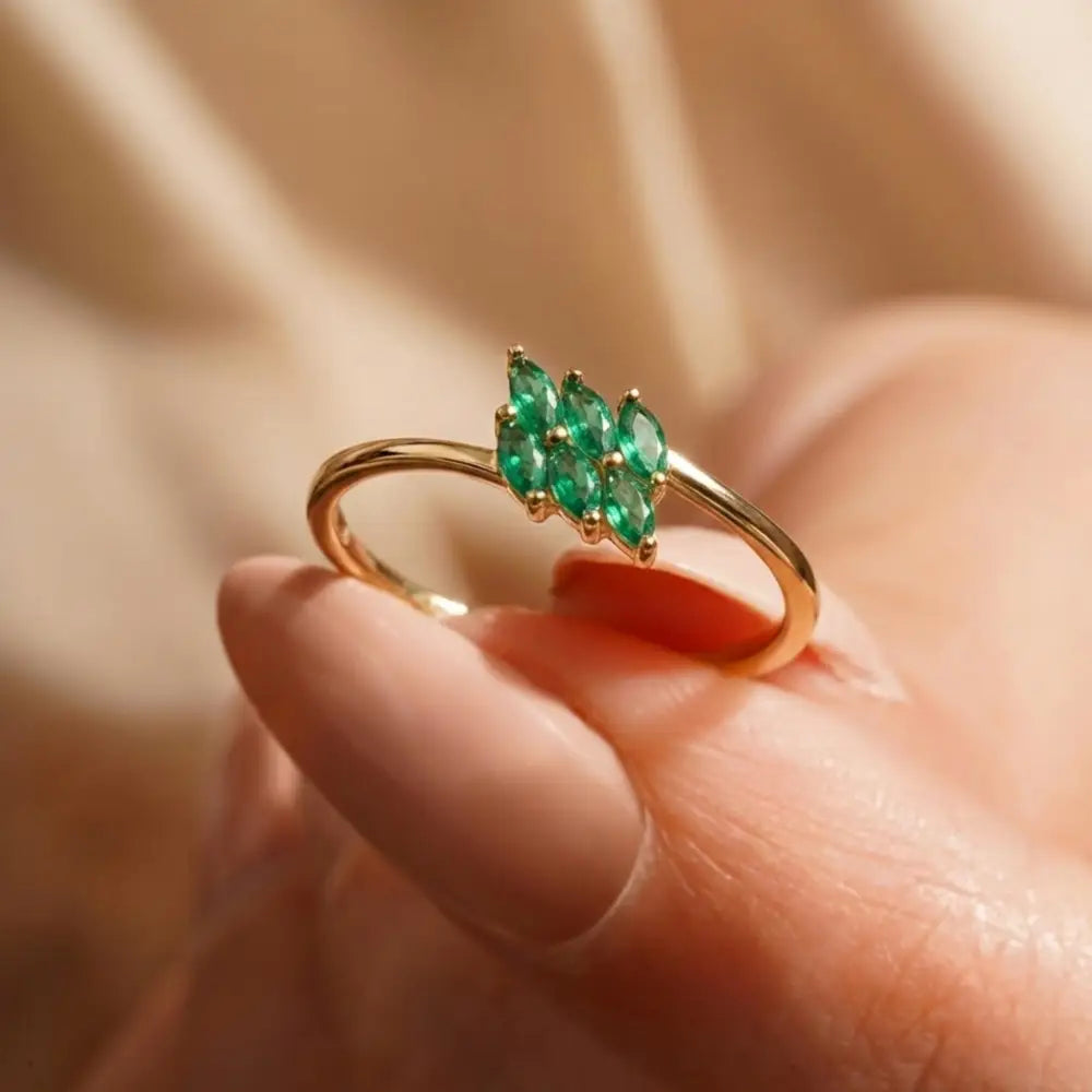 14K Solid Gold Emerald Ring Handmade Elegant Marquise Cut Green Stones for Women