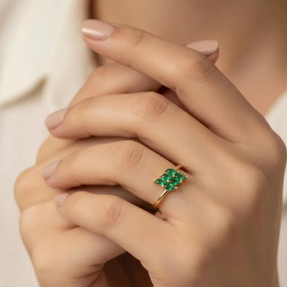 14K Solid Gold Emerald Ring Handmade Elegant Marquise Cut Green Stones for Women