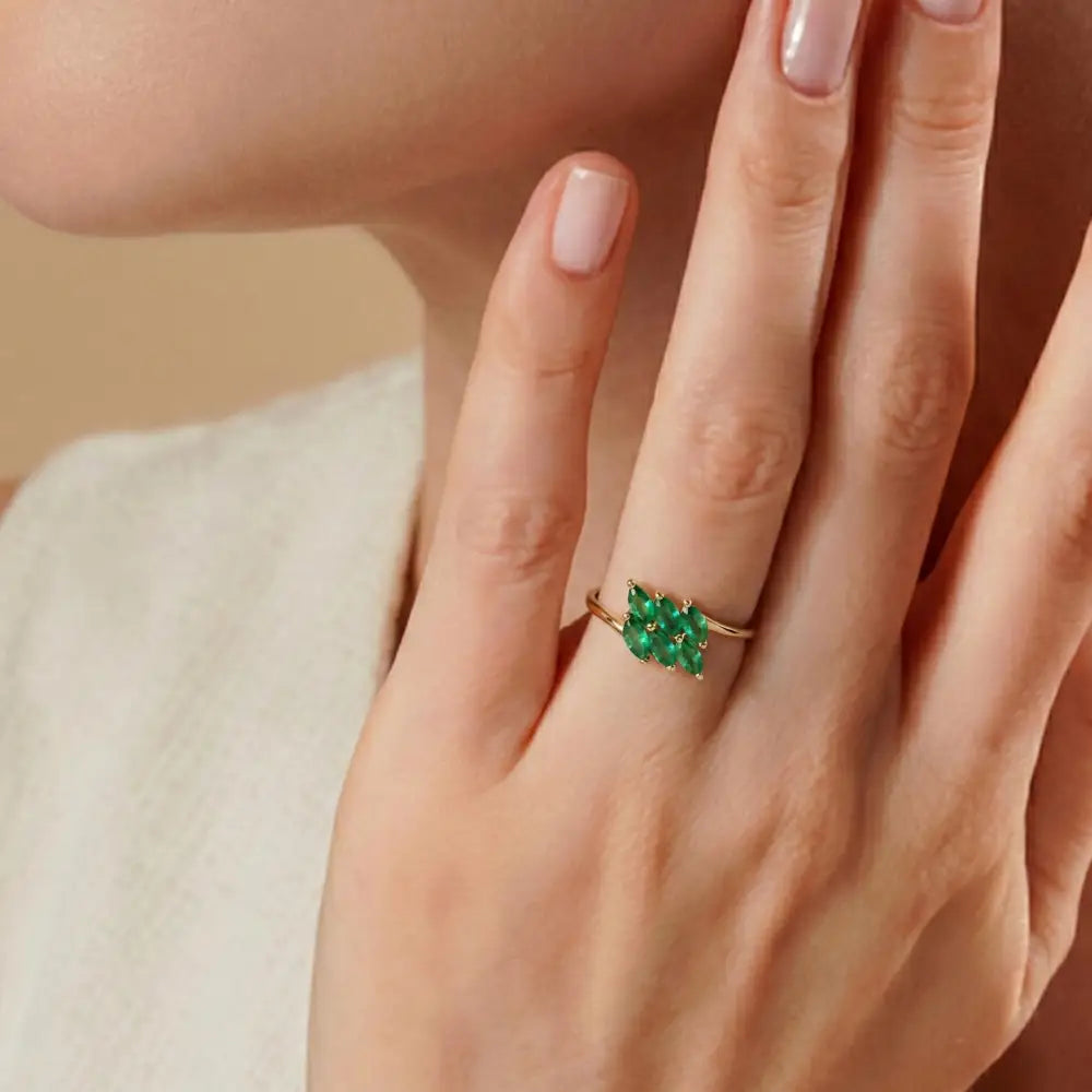 14K Solid Gold Emerald Ring Handmade Elegant Marquise Cut Green Stones for Women