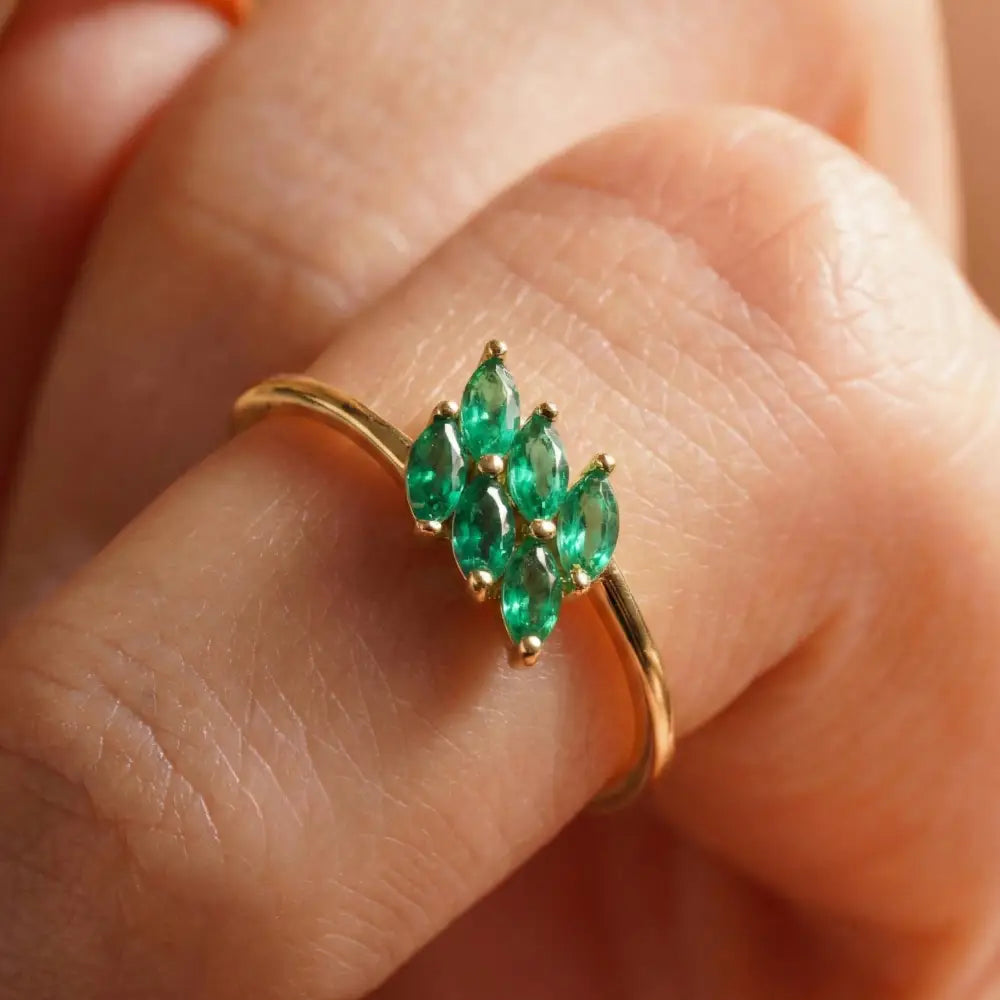 14K Solid Gold Emerald Ring Handmade Elegant Marquise Cut Green Stones for Women