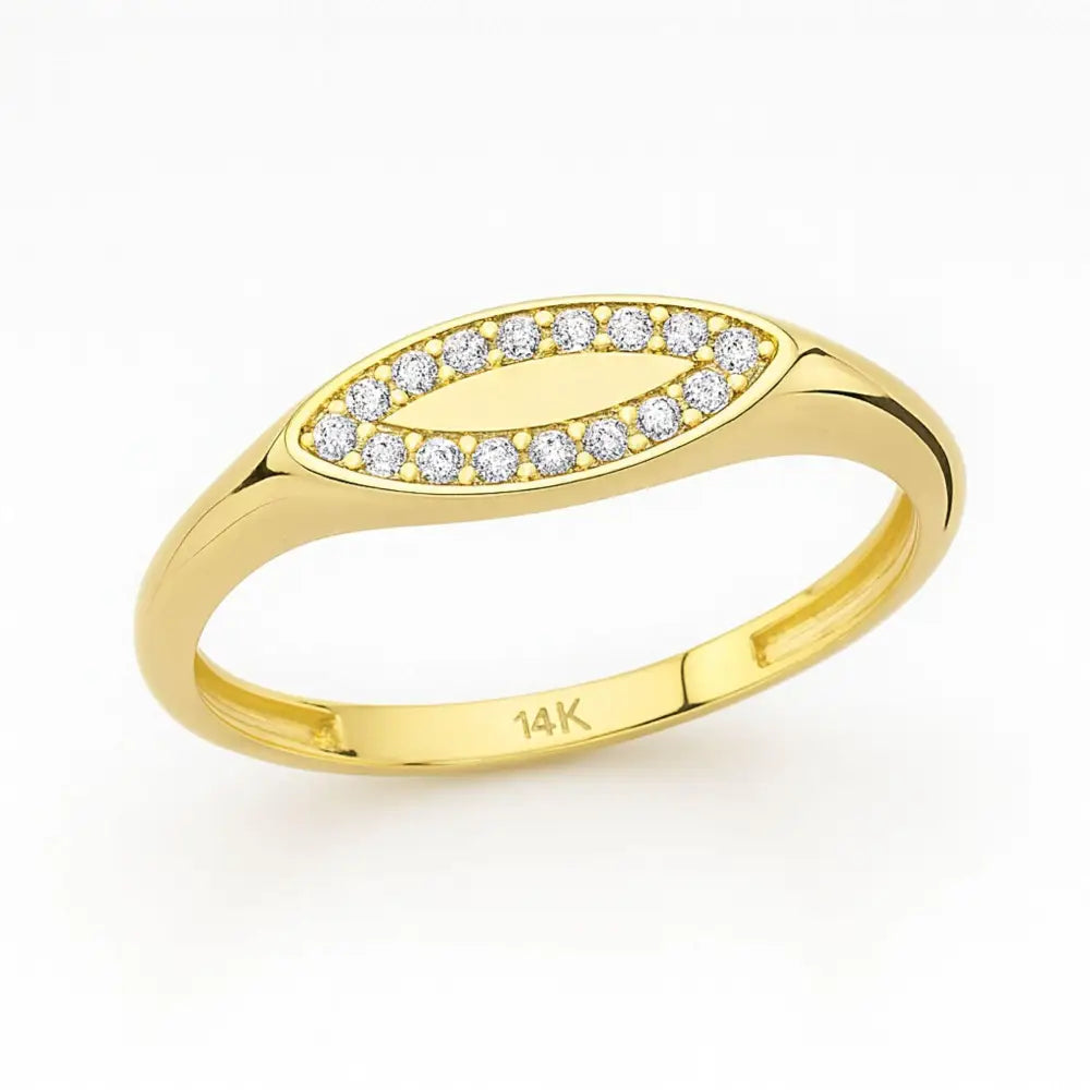 14K Solid Gold Evil Eye Signet Ring Cubic Zirconia Pave