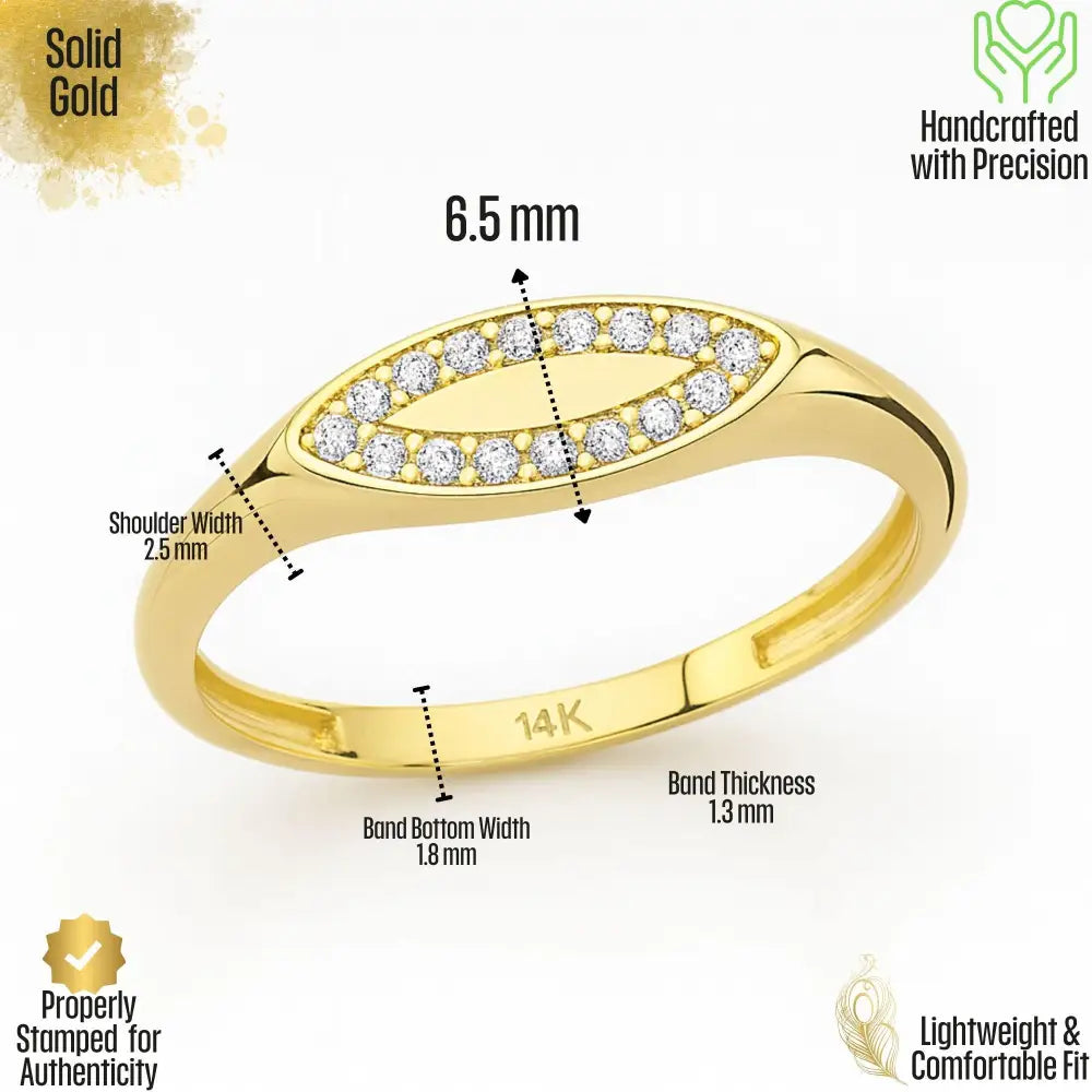 14K Solid Gold Evil Eye Signet Ring Cubic Zirconia Pave