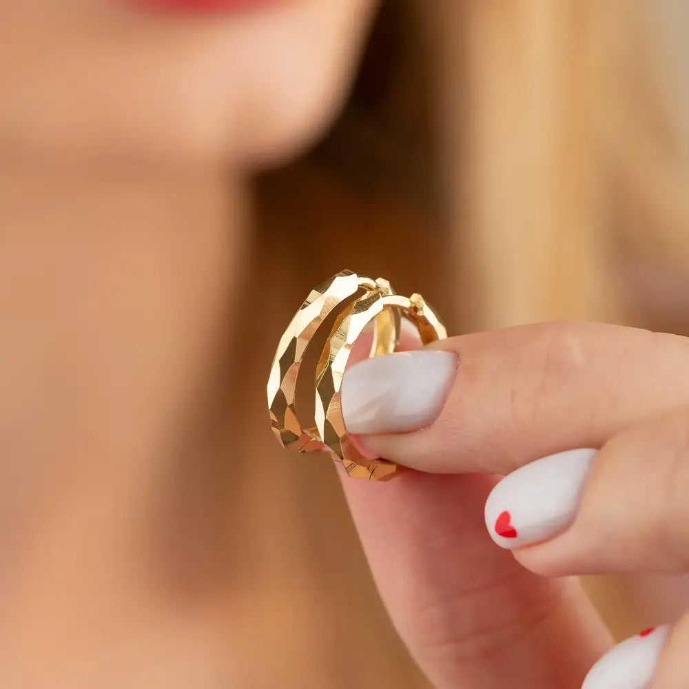 14K Solid Gold Faceted Hoop Earrings | Handcrafted Stackable Hoops for Women - Hoop Earrings