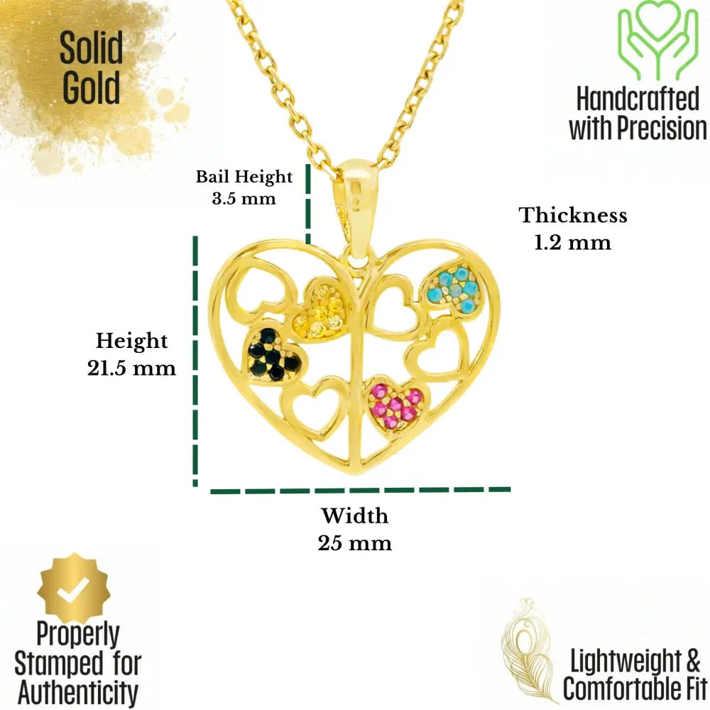 14K Solid Gold Family Tree Heart Necklace Colorful Birthstone Pendant Personalized Mom Jewelry Grandma Gift for Mothers