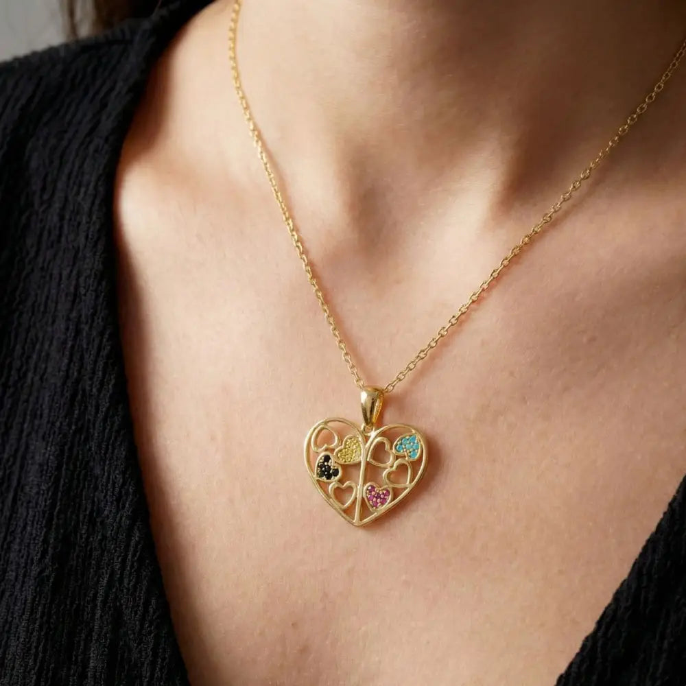 14K Solid Gold Family Tree Heart Necklace Colorful Birthstone Pendant Personalized Mom Jewelry Grandma Gift for Mothers