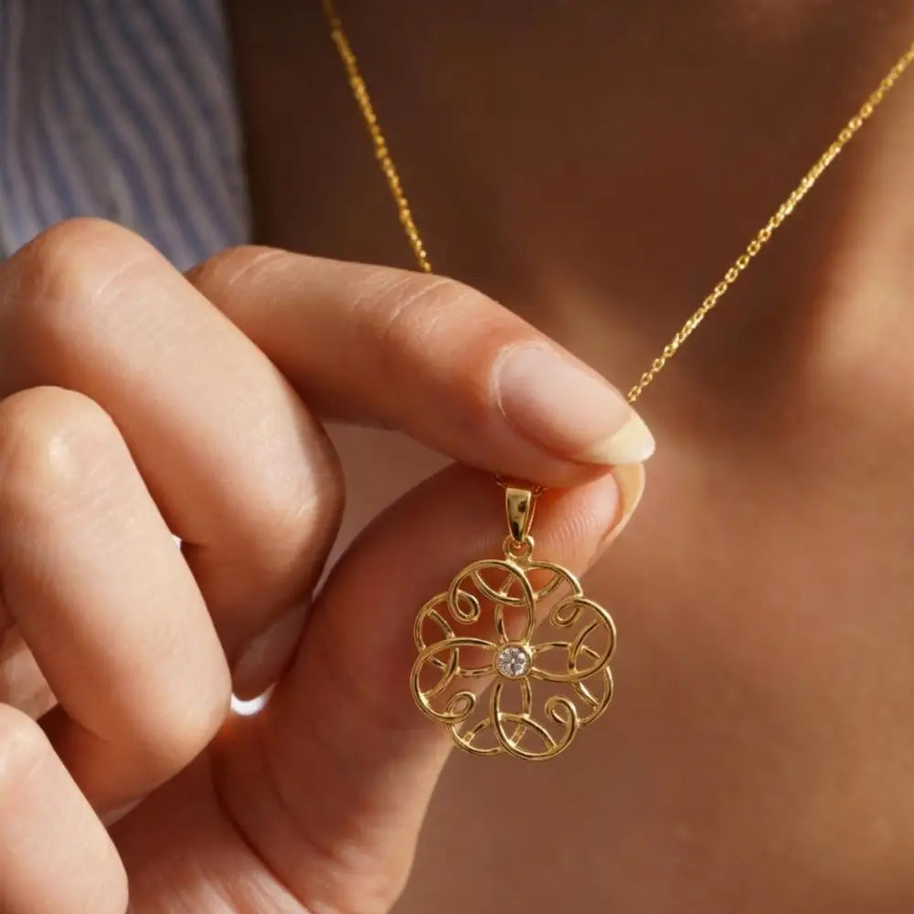 14K Solid Gold Flower Pendant Necklace Handcrafted Design With Center Diamond Elegant Jewelry - Jewelry