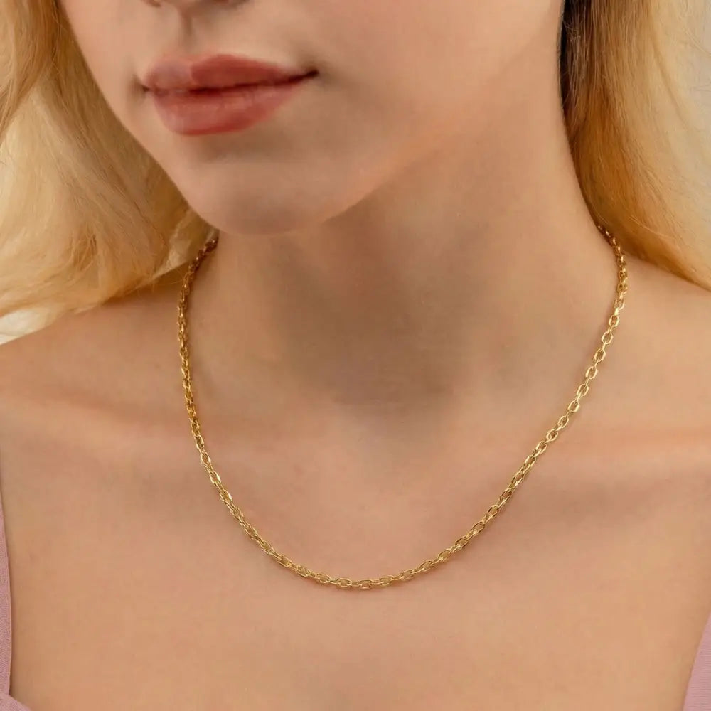 14K Solid Gold Force Chain 1mm 1.3mm 1.8mm 16-18-20-22 Inch Faceted Cable Necklace Dainty Gold Link Choker Jewelry Gift