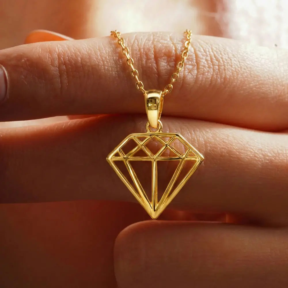 14K Solid Gold Geometric Diamond Necklace Modern Outline Pendant Charm Dainty Minimalist Jewelry Art Deco Style Gift