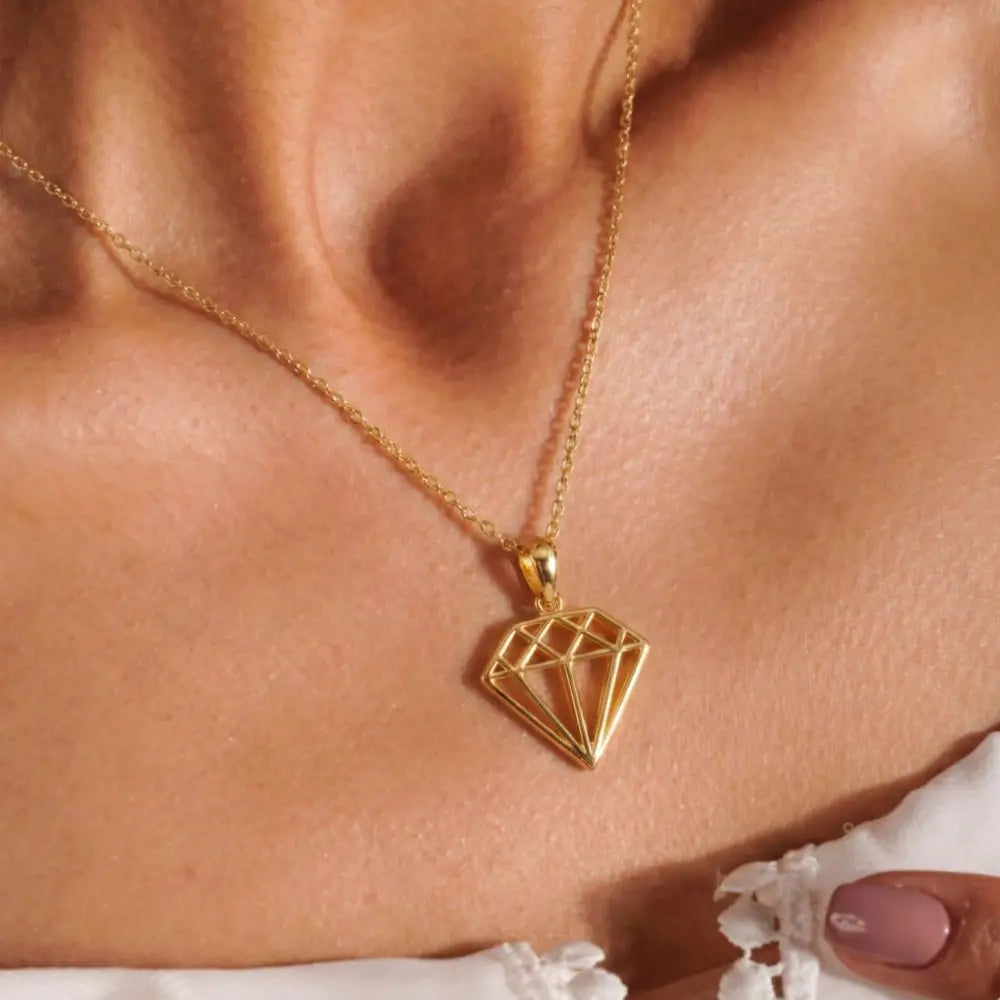 14K Solid Gold Geometric Diamond Necklace Modern Outline Pendant Charm Dainty Minimalist Jewelry Art Deco Style Gift