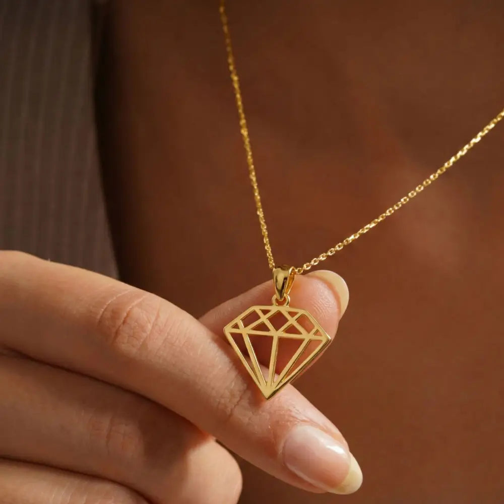 14K Solid Gold Geometric Diamond Necklace Modern Outline Pendant Charm Dainty Minimalist Jewelry Art Deco Style Gift
